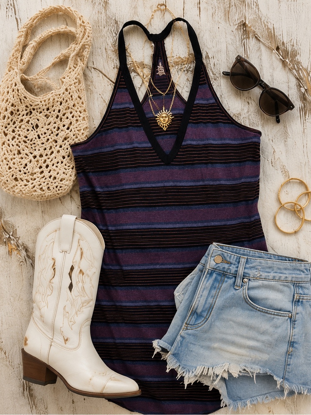 Free People Striped Racerback Tunic Tank Boho Festival Top